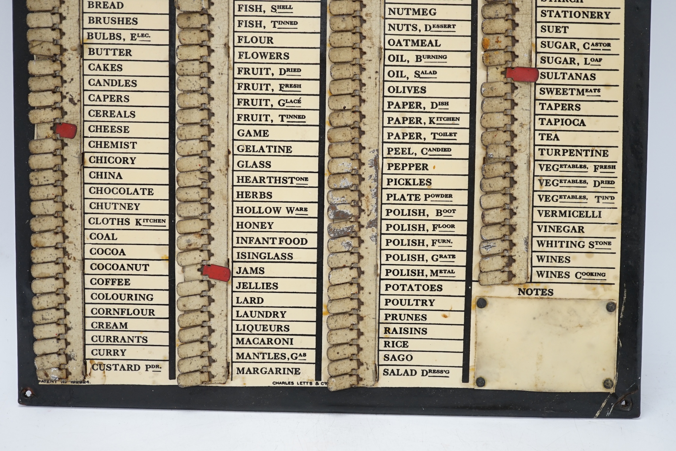 An early 20th century Charles Letts & Co. 'Household Wants Indicator” board, 33cm high. Condition - poor to fair